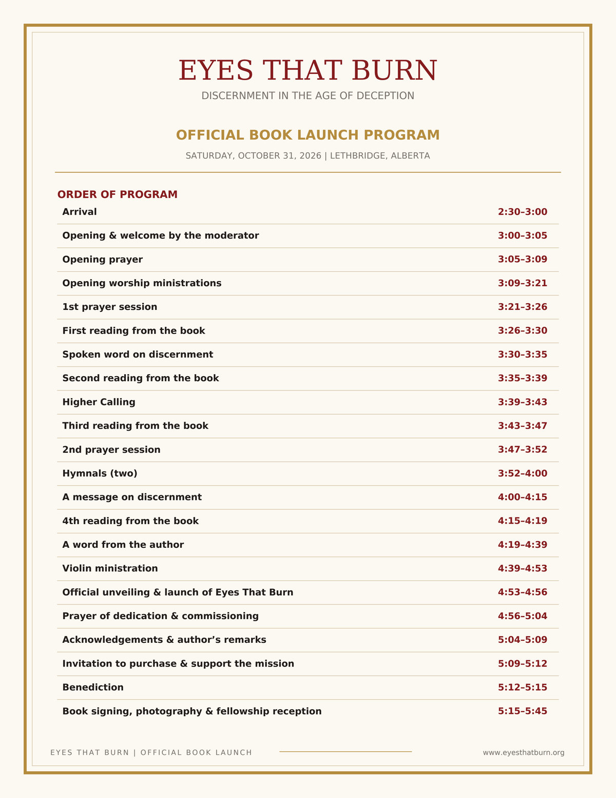 Eyes That Burn official book launch program, Saturday October 31 2026, Lethbridge, Alberta